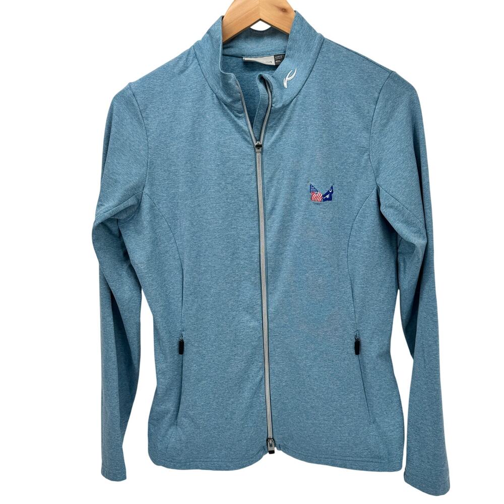 KJUS Golf Jacket Womens‎ Large Blue Mathilda Full Zip Activewear Flag Logo